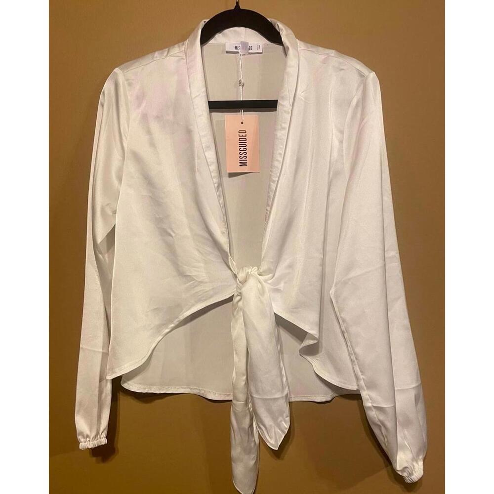 Missguided White Satin Tie-Front Long Sleeve Blouse